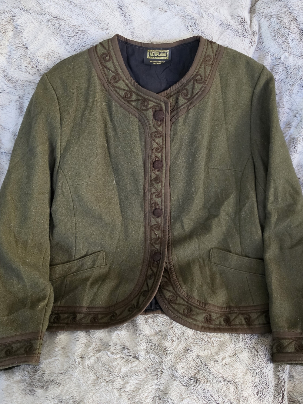 Olive Embroidered Trim Wool-Blend Jacket